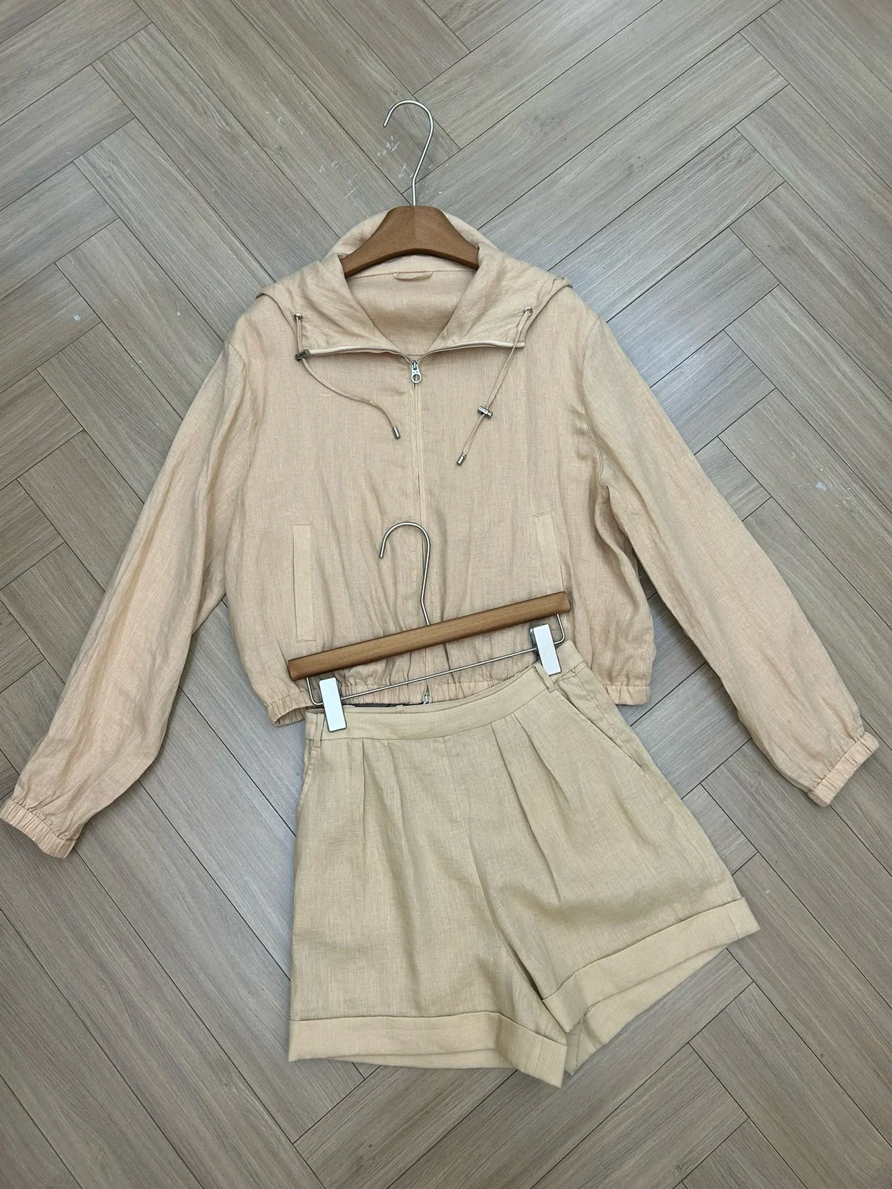 Women's Set 2024 New Autumn Spring Drawstring Zipper Fly Loose Casual Hooded Coat or High Waist Shorts