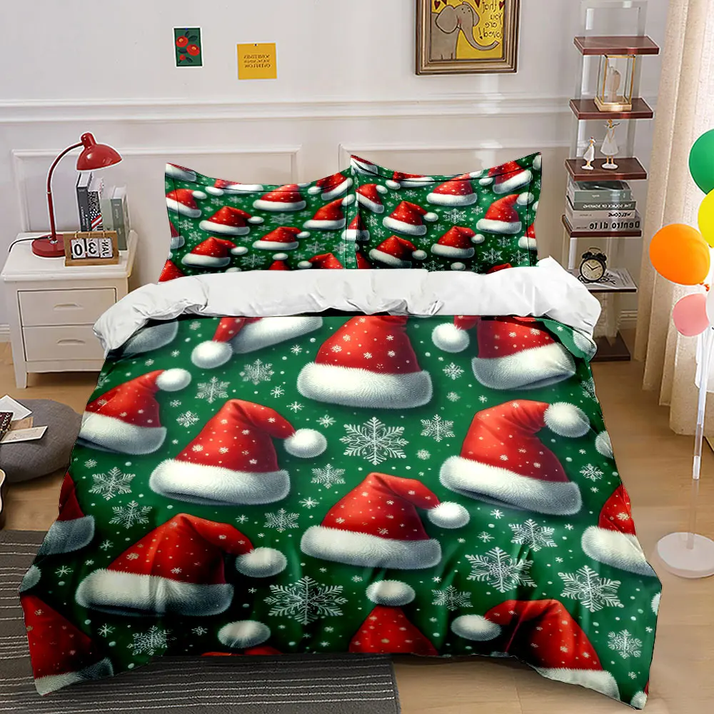 Festive Background with Red Santa Hats and White Snowflakes Print Duvet Cover Bedding Set Included 1*Duvet Cover 2*Pillowcases