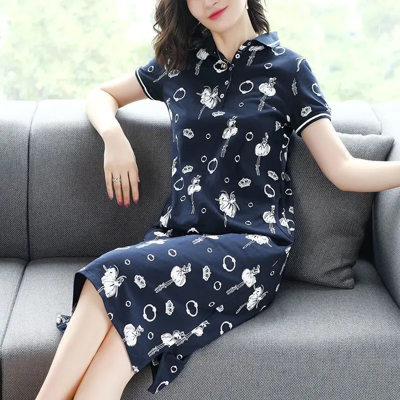 Fashion Lapel Button Pockets Printing Casual Dresses Women\'s Clothing 2024 Summer New Loose Short Sleeve Commuter Midi Dress