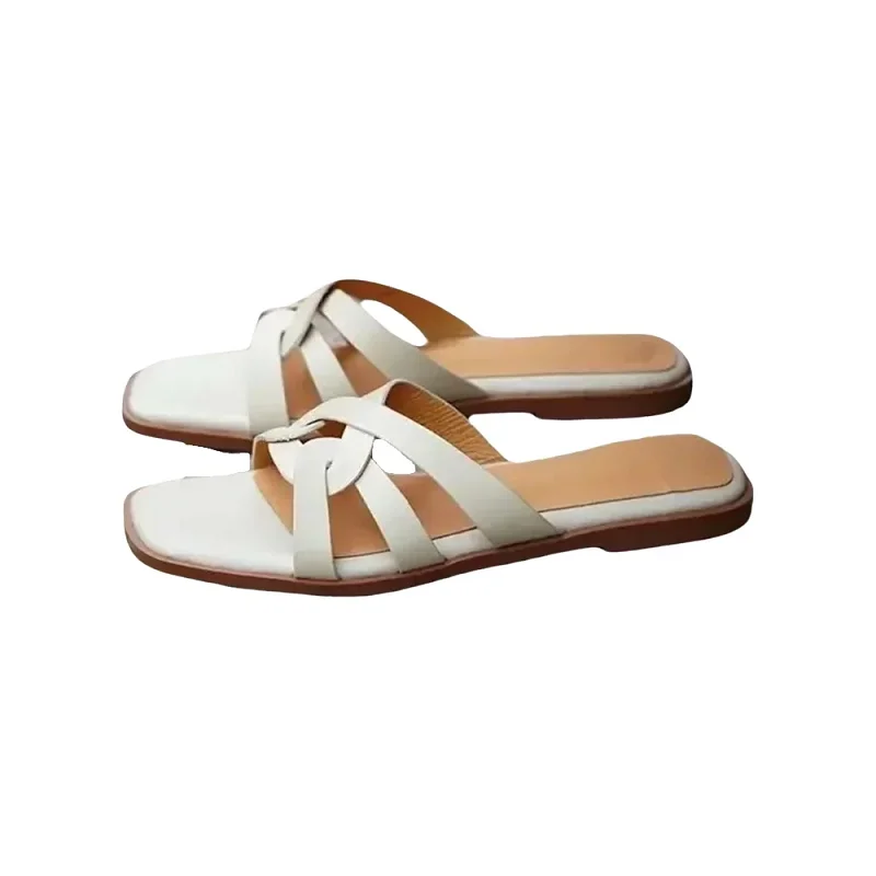 

Women Summer Shoes Casual Half Slippers Genuine Leather Narrow Band Classic Style Trendy Sandals Sheepskin Daily Sandals