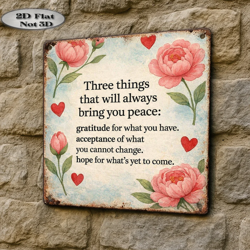 Vintage Metal Tin Sign, Peace Gratitude Quote Pink Peony Heart Floral Rust Square Sign, 2D Flat Cottage Bedroom Wall Art