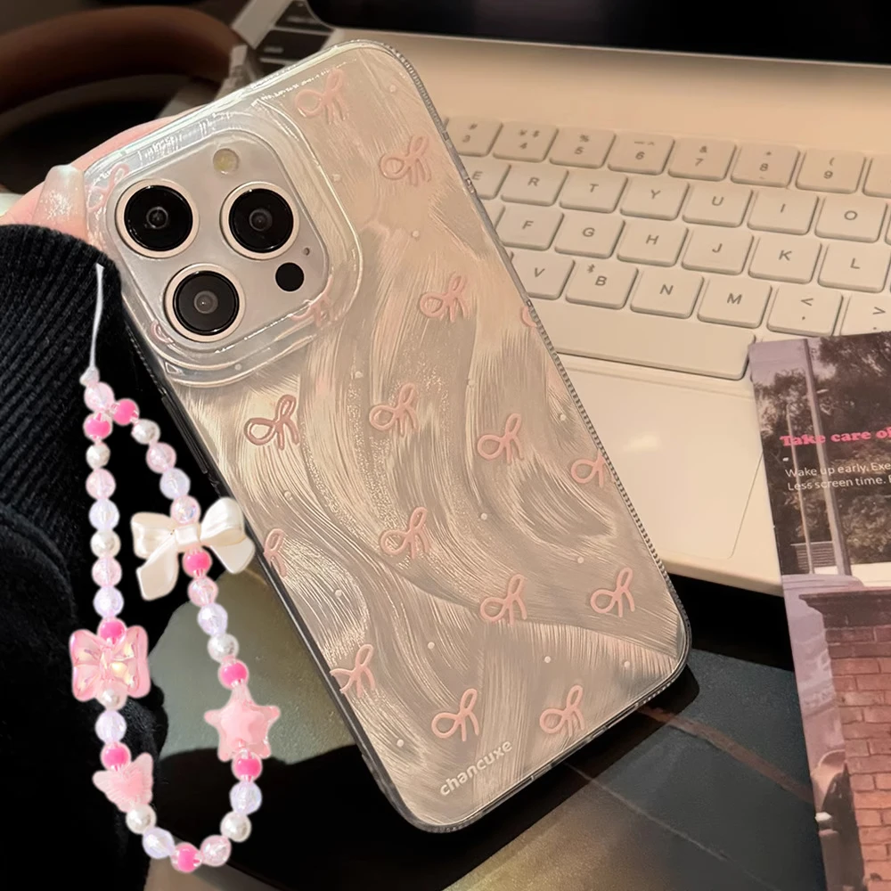 Funda de teléfono Ins japonesa coreana con hilo de plumas y lazo rosa dulce para iPhone 17 16 15 14 13 12 11 Pro XR XS X Max 7 8 Plus MINI
