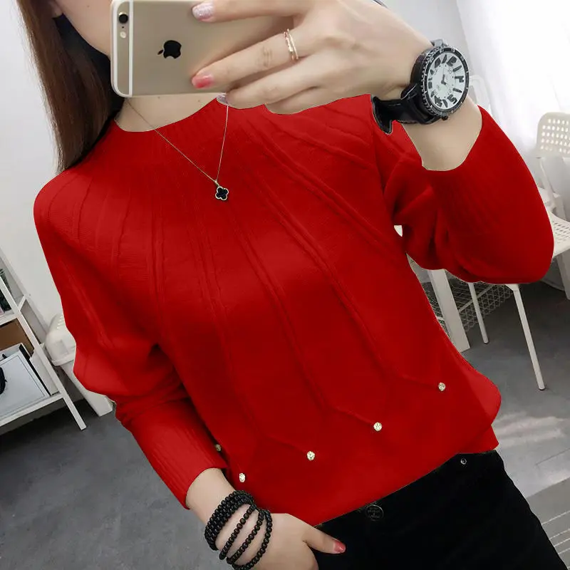 Fashion O-Neck Solid Color Diamonds Sweater Women\'s Clothing 2023 Spring New Loose Casual Pullovers All-match Korean Tops