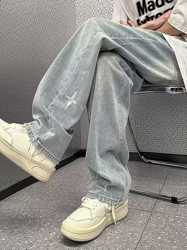 

Washed Jeans Men's Loose Straight Leg Hiphop Pants High Street Trend Brand Casual Wear mid Waist Zipper Fly Denim Trousers