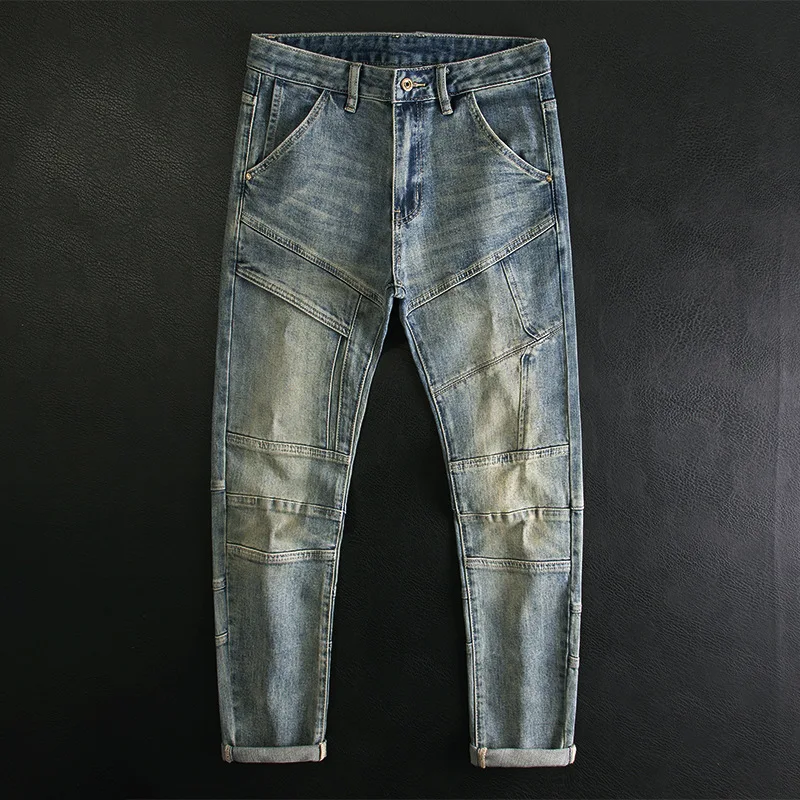 

High Street Patchwork Vintage Jeans for Men, Trendy Motorcycle Style, High-End Street Washed Distressed Slim Fit Skinny Pants