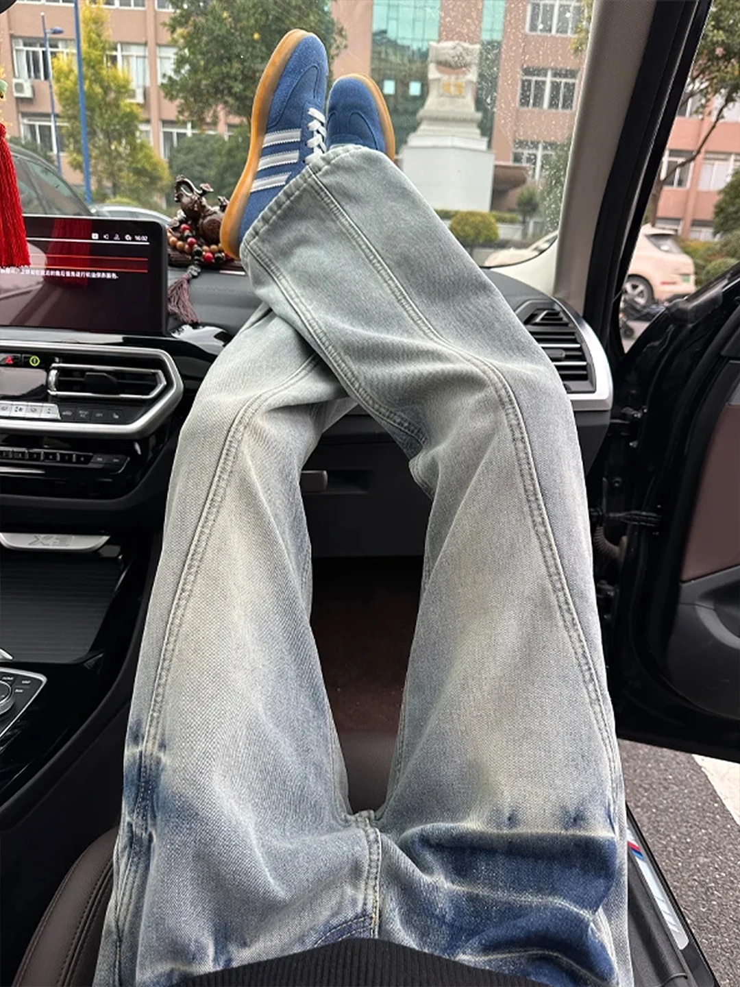 

Light Blue Side Sla Lightning Pattern Men's Jeans Winter High Street Vibe Fce Lined Dstring Straight Leg Trousers