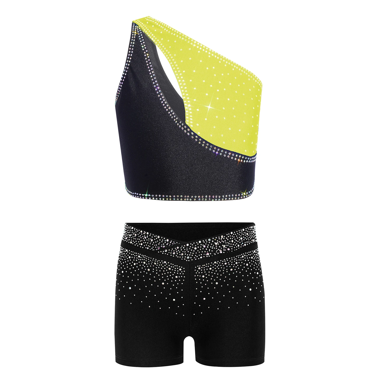 

Children Girls Ballerina Dance Costume Sparkling Rhinestones Crop Top with Shorts 2 Pieces Set for Gymnastics Ballet Dance Wear
