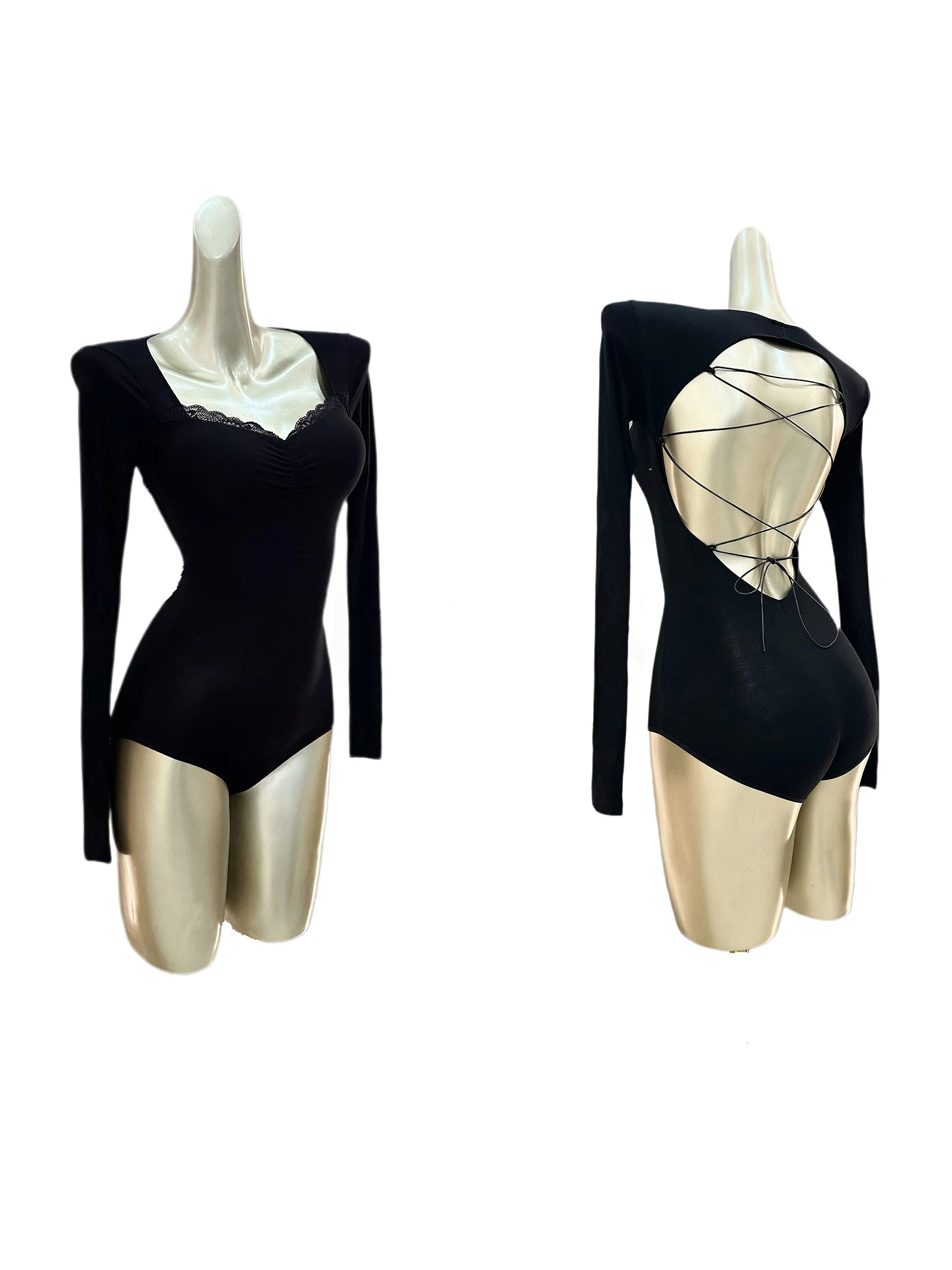 Top Rojo de Manga Larga con Espalda Descubierta para Baile Latino Meichen, orme de Práctica para Mujer Adulta, Cuello en ...