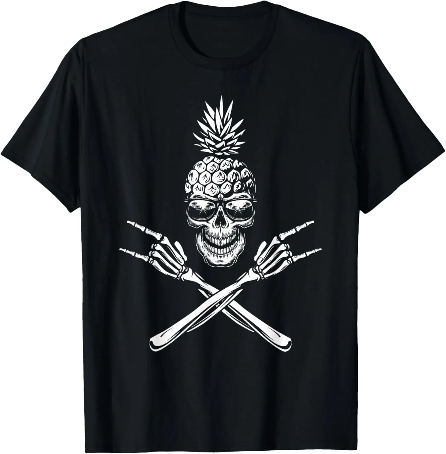 

Crazy Rock and Roll Skeleton Pineapple Skull, Retro Summer T-Shirt