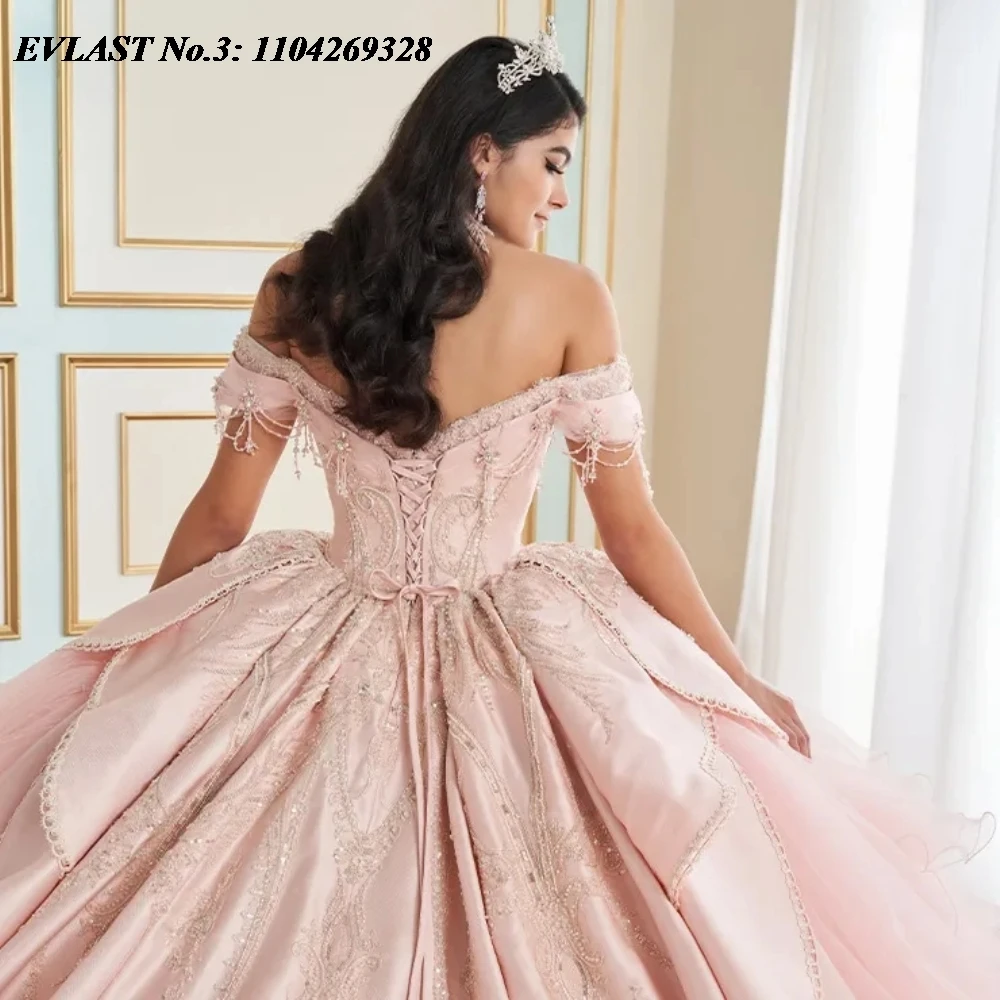 EVLAST Maßgeschneidertes rosa Quinceanera-Kleid 2025, Ballkleid, Spitze, Perlenapplikation, Kristallkorsett, Sweet 16, Vestidos De 15 Anos E3Q107