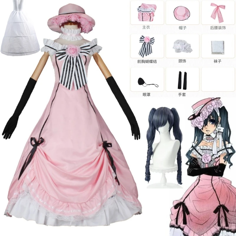 

Anime Black Butler Ciel Phantomhive Young Master Cosplay Pink Robin Uniform Lolita Dress Wig Sleeveless Lace Maid Cut Dress