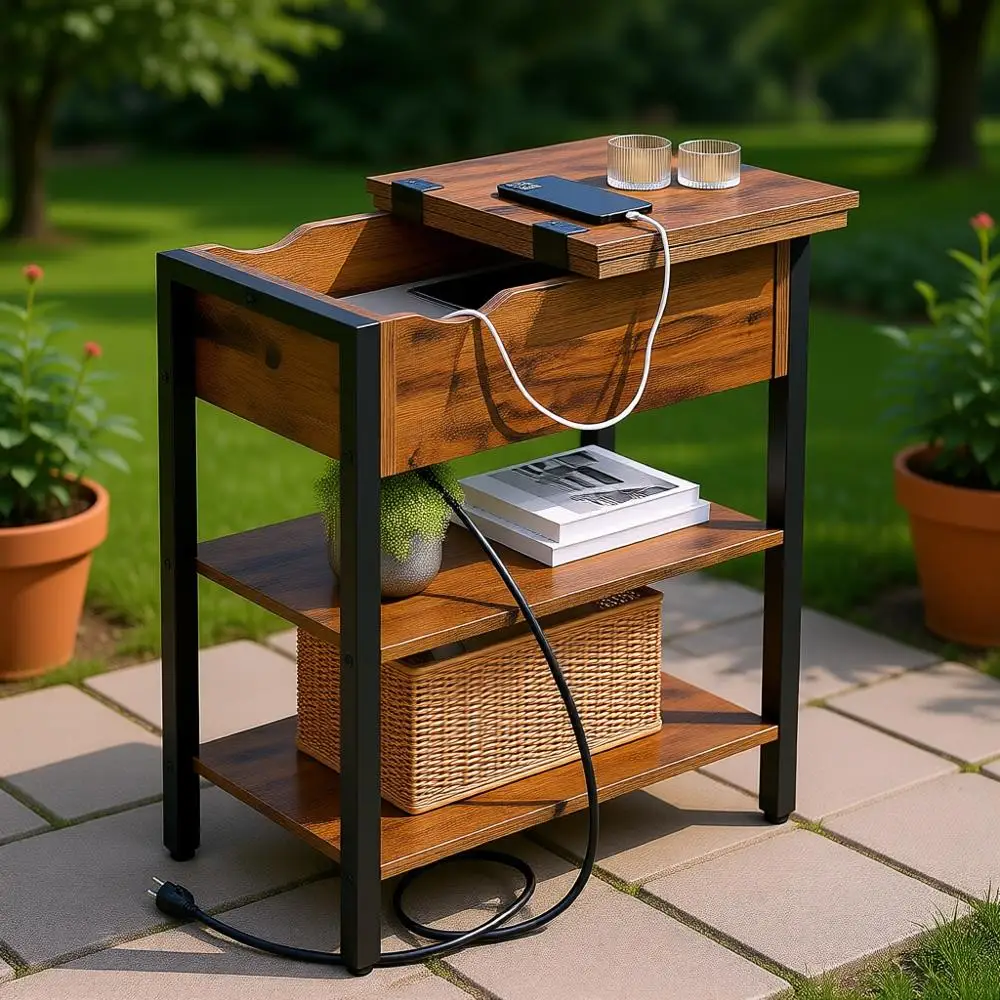 

Charging Station End Table, Slim Side Table, USB & Outlet Nightstand, Space-Saving Bedside Table with Shelf, Rustic Brown Living