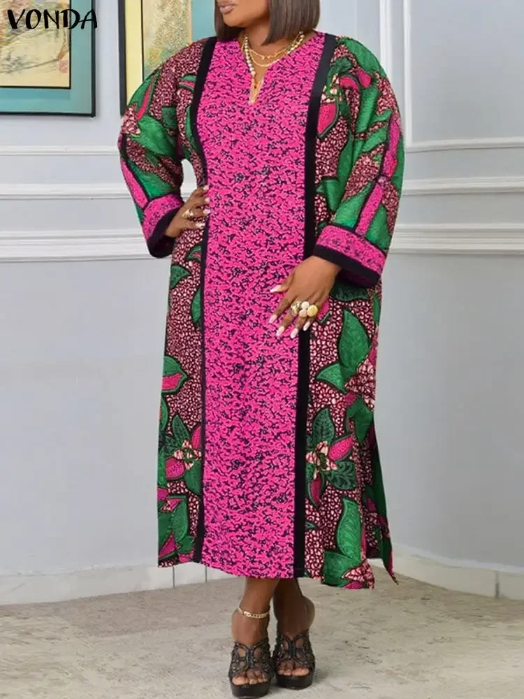 Plus Size 5XL VONDA Bohemian Floral Print Long Dress Women's V-Neck Long Sleeve Maxi Vestidos Vintage Casual Loose Sundress Robe