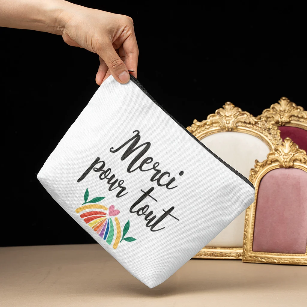 Cosmetic Bag Thankful Message in French Print Makeup Bag Cosmetic Storage Lightweight Travel Toiletry Bags Graduation Gift