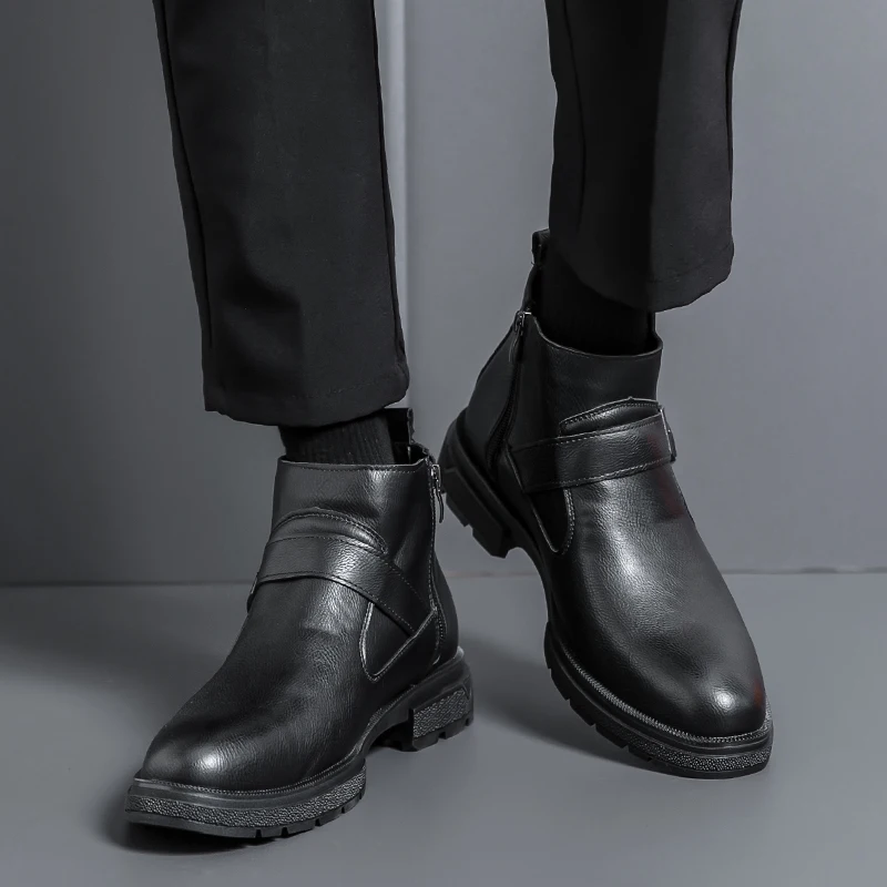 Zapatos casuales de cuero para hombres Otoño e Invierno estilo superior alto Fiesta de moda al aire libre Botas de negocios y de oficina diarias Negro Nuevo Caliente