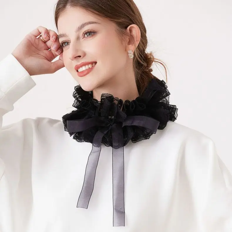 Elegant Ruffled Lace Fake Collar Layered Clown Neck Collar Tie Cosplay Costumes Accessories Sweet Detachable Collar Shawl Wrap