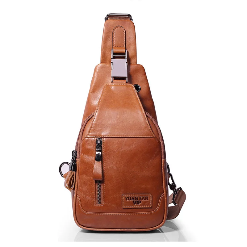 Genuine Leather Men Single Backpack Rucksack Fashion Bag Retro Casual Travel Male Cross body Messenger Chest Day Knapsack