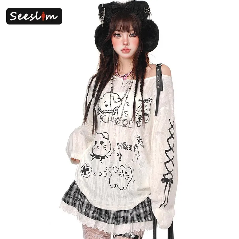 

Seeslim Hotsweet Loose Cartoon Graphic T Shirts Woman Clothing Long Sleeve 2000s Clothes Y2k One Shoulder Japan Lazy Style Tees