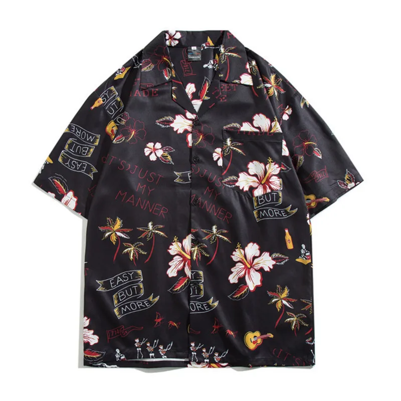 Men Short Sleeve Shirts Y2K Vintage Harajuku Flower Print Streetwear Summer HipHop Retro Hawaiian Holidays Man Loose Tops Shirts image 4