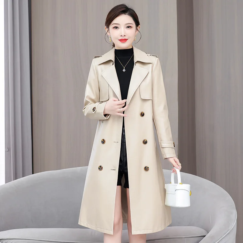 2026 New Autumn Winter Leather Jacket Women's Slim-fitting Long Lace-up Belt Double Breasted Waterproof Trench Coat
