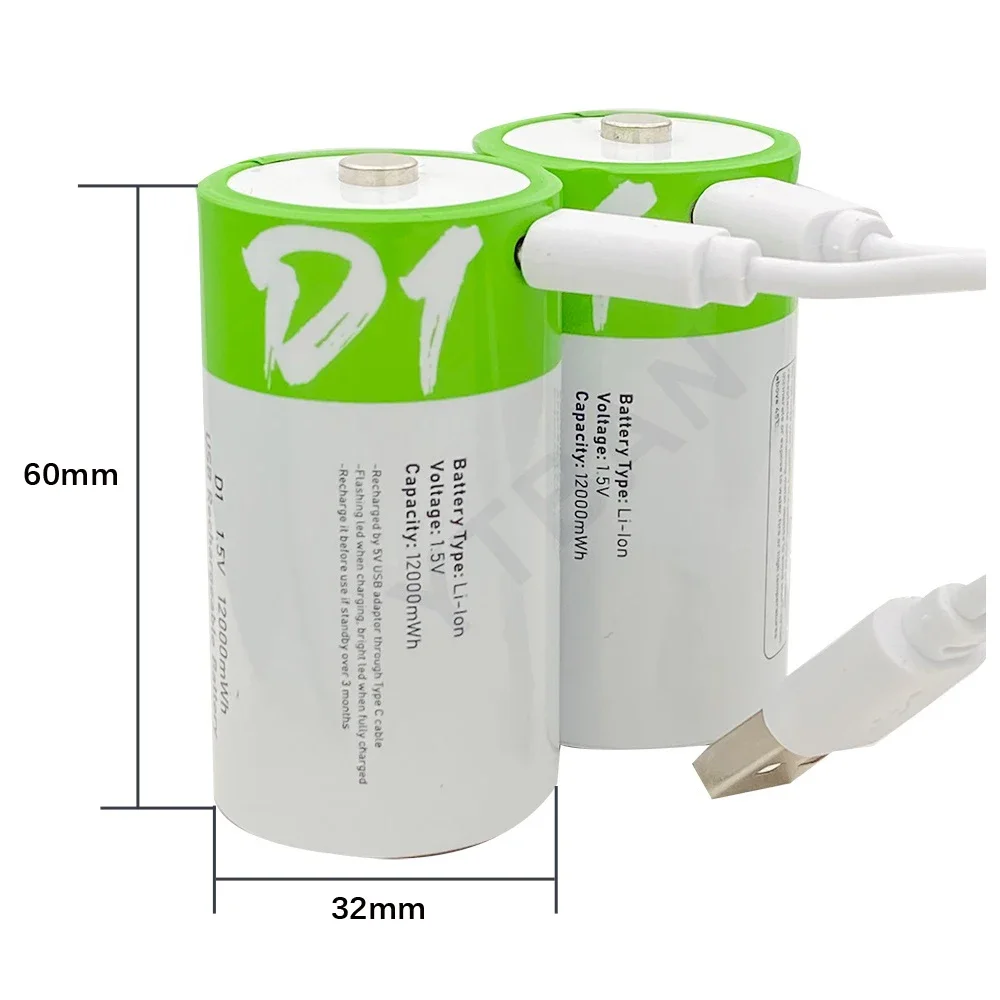 1.5V LR20 Rechargeable D Cell Li-ion Battery 12000mWh with USB-C Charging Cable, High Capacity Rechargeable D Batteries for Flashlight, Camping Lantern, Gas Stove, Water Heater Igniter, Emergency Radio, Battery Operated Devices