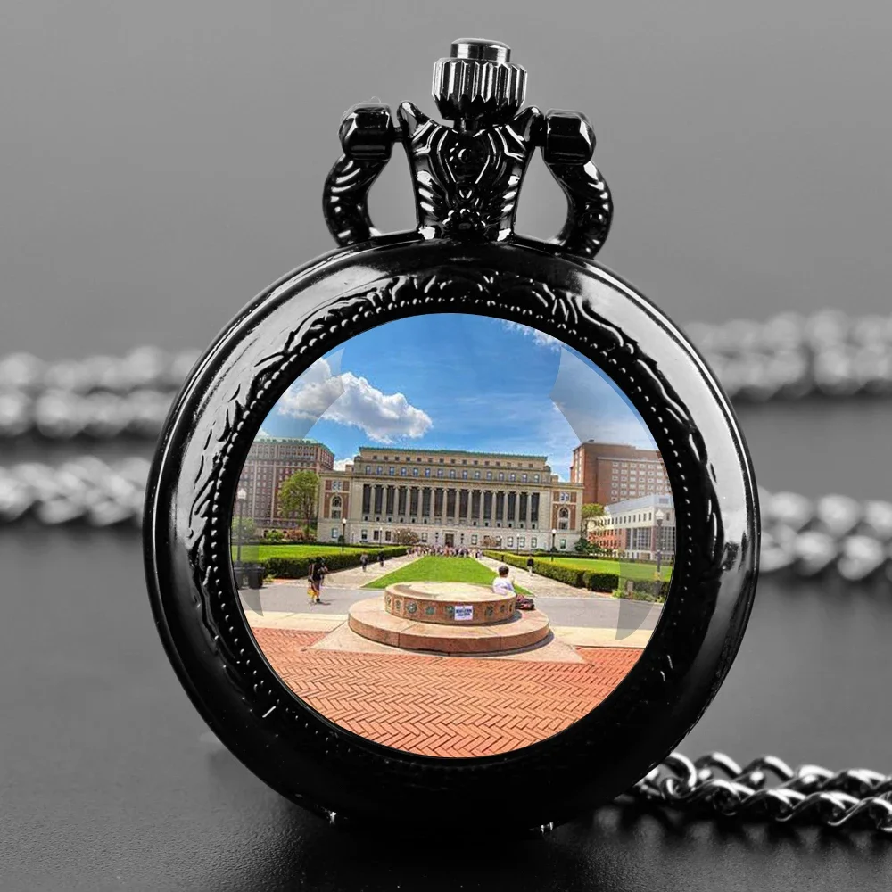 Columbia University Campus Design Reloj de bolsillo de cuarzo con collar de cadena Colección vintage Regalos para hombres y mujeres