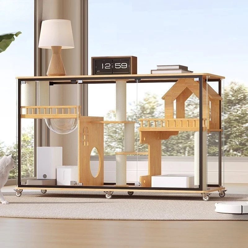 Fresh air  cabinet horizontal indoor transparent house cat villa, panoramic glass est household solid wood cat cage