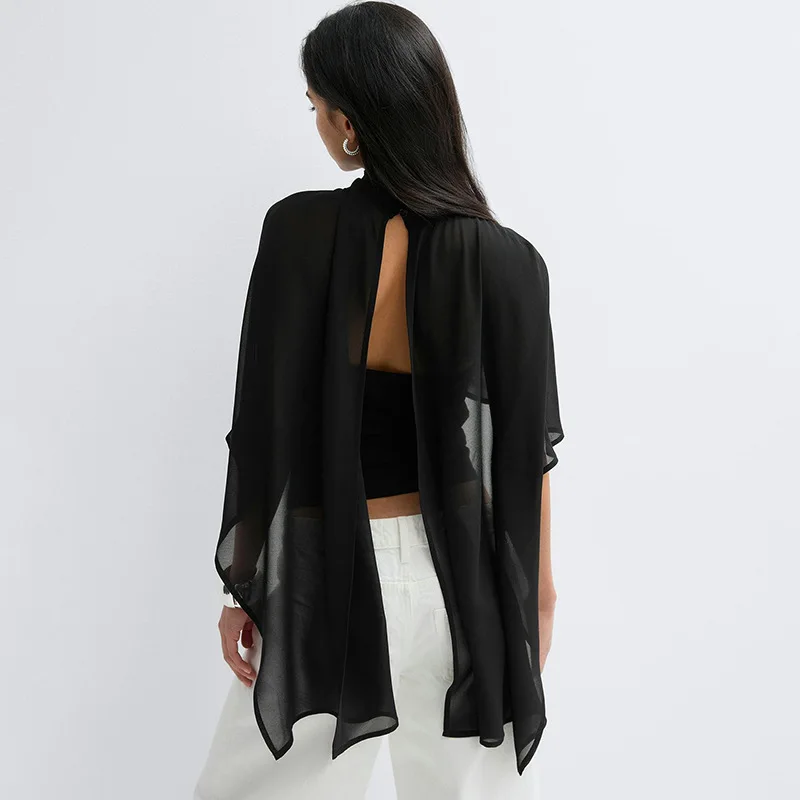 Women's Sexy Sheer Chiffon Tank Top Autumn High Neck Cape Sleeve Fashion T-shirts Y2K Casual Backless Tees for Beach Dinner Date