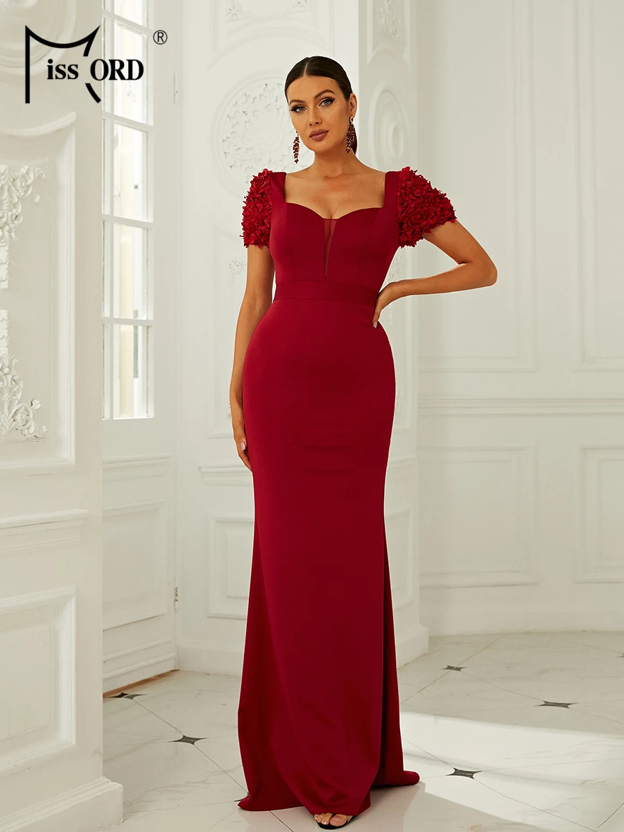 

Missord Women Red Mermaid Evening Dress Elegant Sweetheart Neck Short Pile Up Sleeve Bodycon Wedding Party Prom Dresses Gown