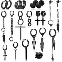 1 Pcs/21 Pcs Stainless Steel Men Ladies Huggie Hoop Earrings Set Black Cool Goth Punk Barbell Cricoid Dangle Earrings
