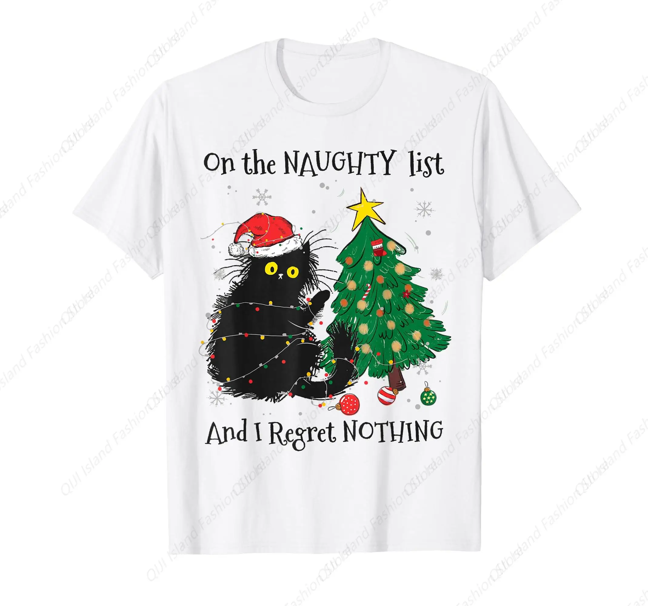 

On The Naughty List and I Regret Nothing Cat Christmas Light T-Shirt