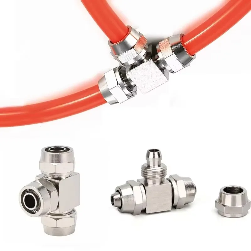 KPE T-type 3-way Variable Diameter Brass Nickel Plated Pneumatic Air Quick Tightening Joint PU Hose Air Line 8 10 12 mm