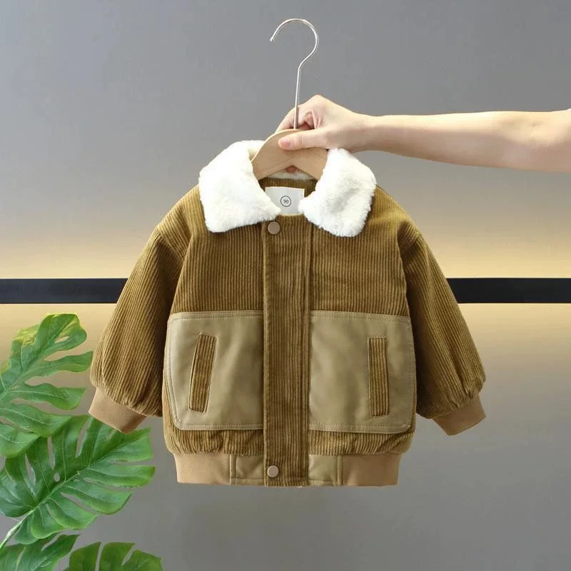 2026 Boys Plush Warm Cotton Jacket Autumn Winter Fashion Fur Lapel Corduroy Zipper Coat Kids Splicing Outerwear 2-6 Years