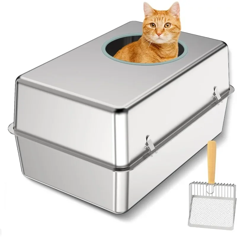 Stainless Steel Cat Litter Box with Lid, Odour Proof Litter Pan, Non-Stick, Easy to Clean, Rust Resistant, Non-Slip Rubber Feet