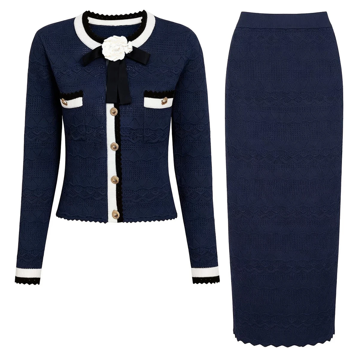 26269 High Quality Summer And Autumn New Fashionable Women's Bow Color Blocked Long Sleeved Top Knitted Cardigan+Skirt Set