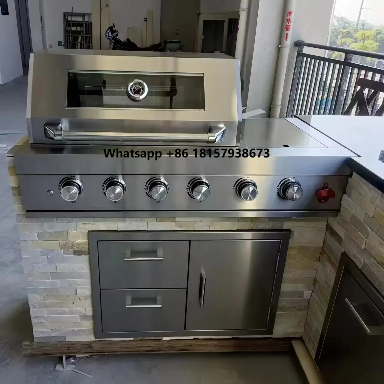 

Premium Quality Stainless Steel 4-Burner BBQ Grill Propane Gas Heavy-Duty Kitchen Accessory Natural Stone Access Door Iron