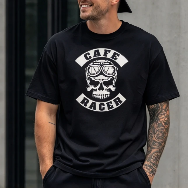 Motorcycle CAFE RACER Skull T Shirt Men Women Unisex Graphic Tee Cotton Short Sleeve Casual Top Gift Biker Retro Rider Tech