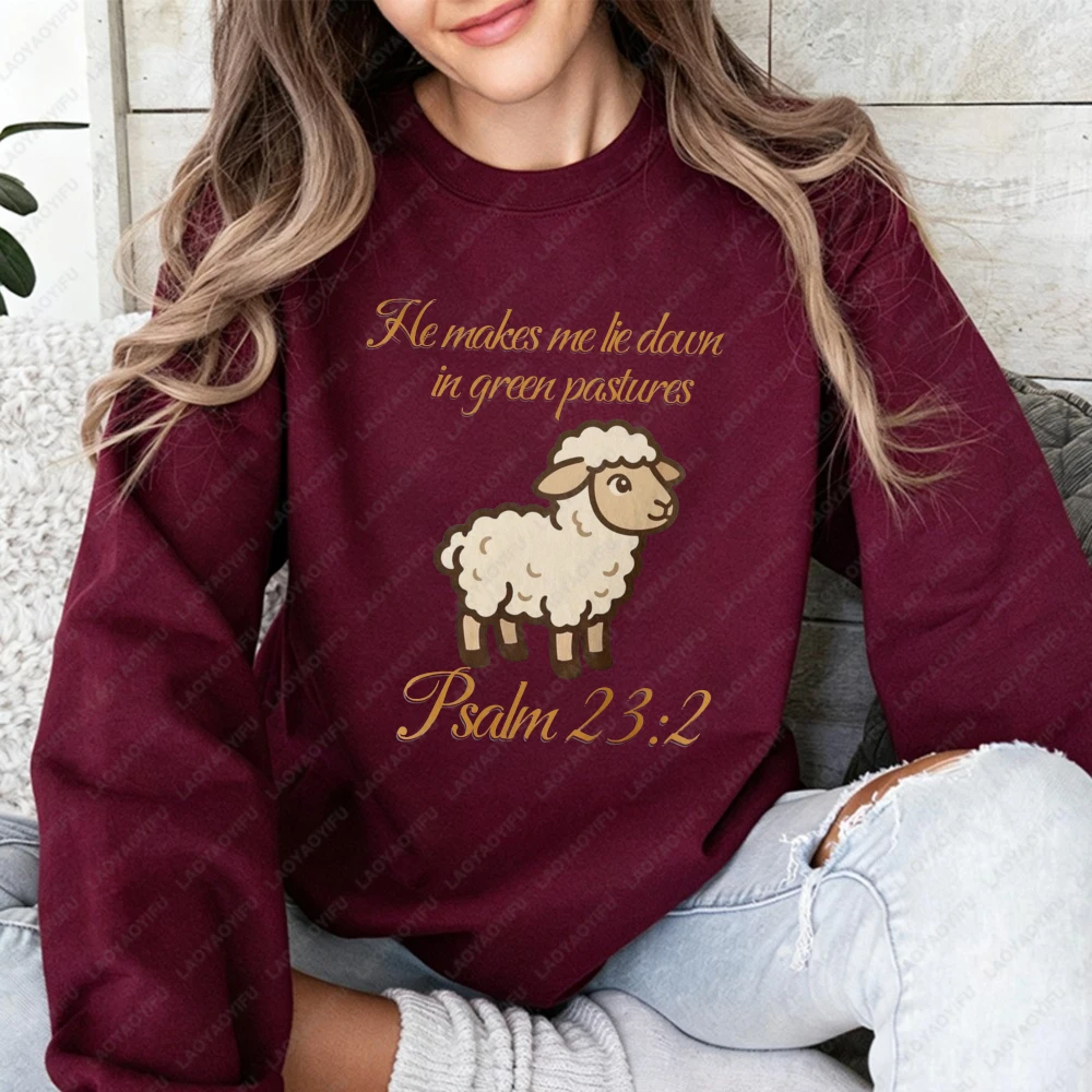 Sheep Illustration Psalm 23:2 Sweatshirt He Makes Me Lie Down In Green Pastures Printing Crewneck Pullovers Bible Verse Pullover