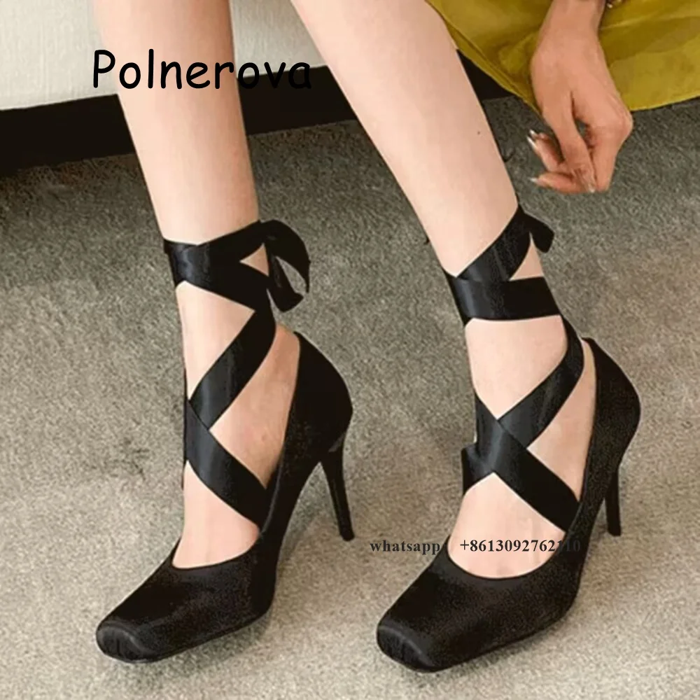 

Satin Square Toe Pumps Cross Tied Women's Shoes Thin High Heels Shallow Summer Casual Sweet Girls All-Match Fashion Shoes