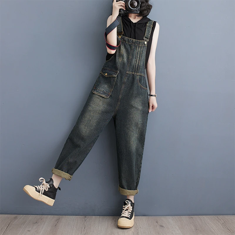 Vintage Sle Denim Overalls Frauen Sommer plus Größe Harlan Lose Arbeitskleidung Einteilige Hosen Hohe Taille Helle Farbe Neun-stück
