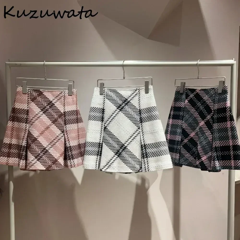 Kuzuwata New Fashion Personalized High Waist Faldas Plaid Slim Flare All-match Casual Mujer Faldas Japan Ruched Luxury Skirts