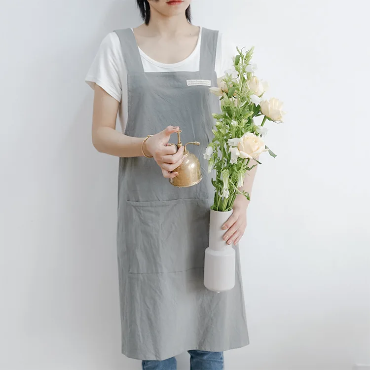 Japanse en Koreaanse katoenen en linnen schort, eenvoudig model, effen kleur, anti-vlek, huishoudelijk keukenschort voor dames.