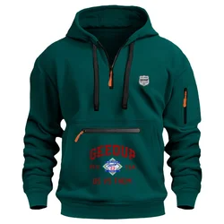 Men's casual hoodie, autumn and winter solid color new fashion multi-pocket zipper large size loose long-sleeved sports hoodie