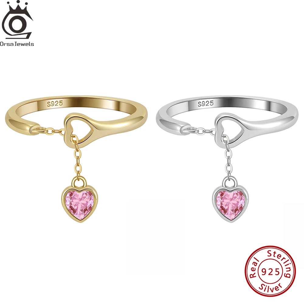 

ORSA JEWELS Pink Zirconia Heart Pendant Finger Rings 925 Sterling Silver Love Heart Ring Adjustable with 5A Clear CZ Gift SR332