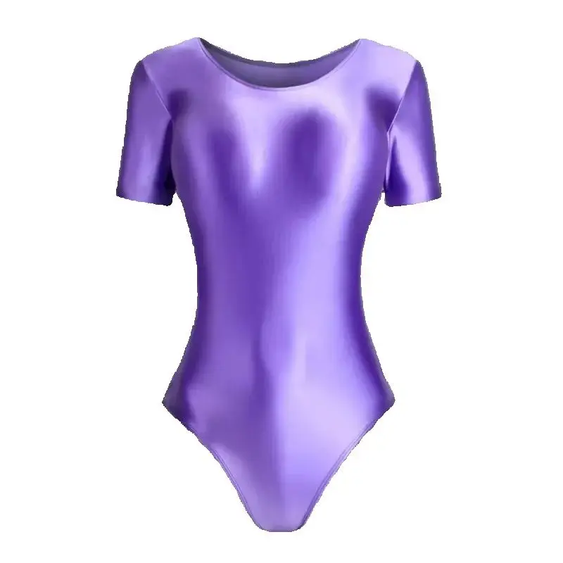 KNEW DROOM strakke glanzende zijdeachtige badpak uit één stuk dames effen kleur korte mouwen yoga jumpsuit fitness body pak dans pak