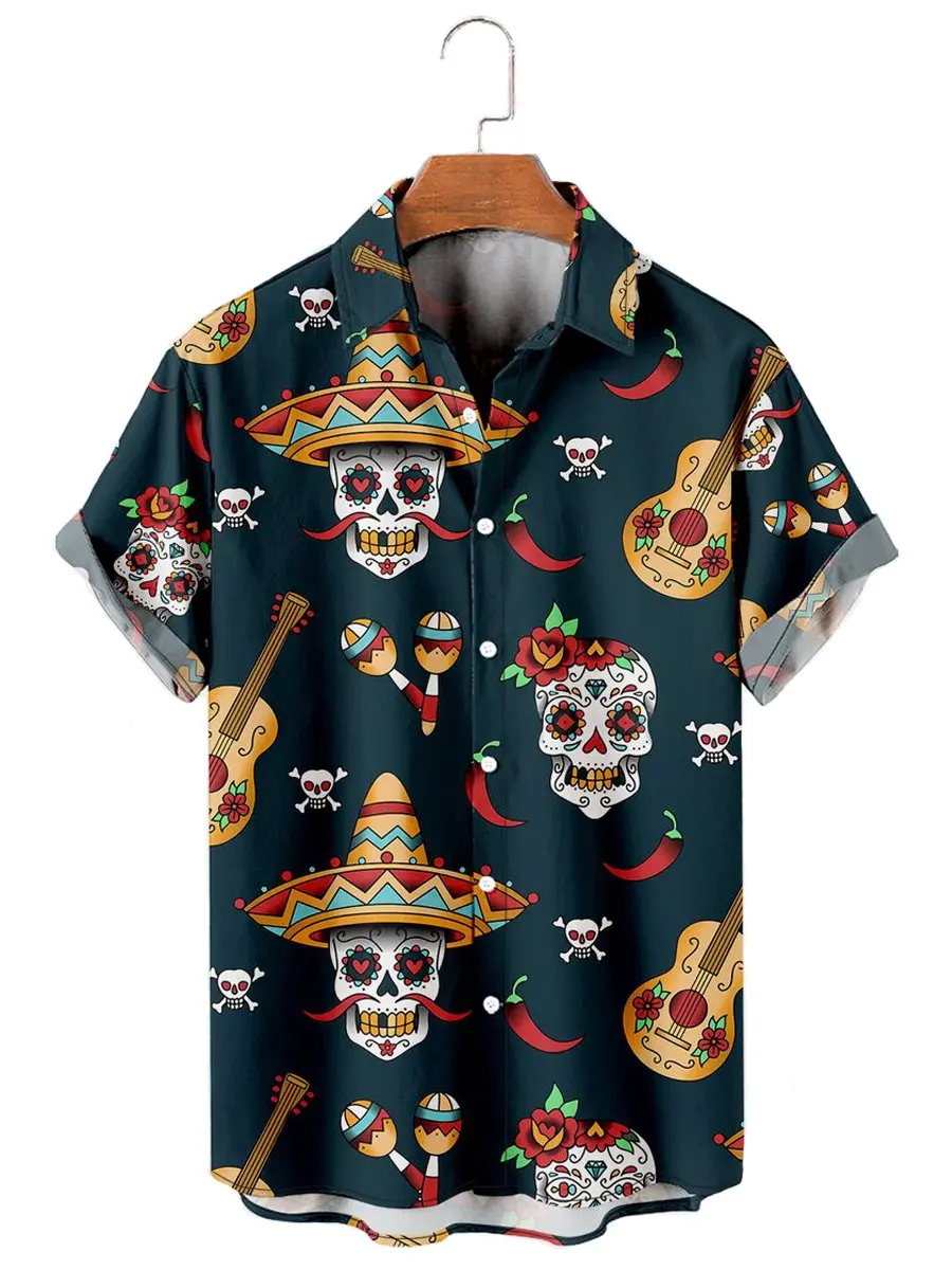 Camisa estampada floral do crânio 3D dos homens, manga curta Tees, camisas de lapela, streetwear, moda havaiana, engraçada