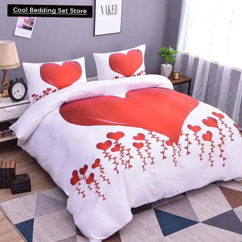 

Room Decor Home Bedding Sets 2/3pcs Red Heart Printing Queen Size Pillowcase Duvet Cover Set Polyester Bedclothes