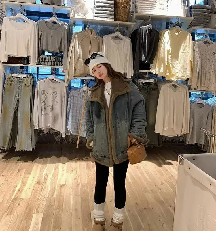 Manteau en jean avec fourrure et capuche en peluche pour femme, Softshell réglable, Patchwork, boîte de nuit, vacances, moelleux, matelassé, col montant, Chic, hiver