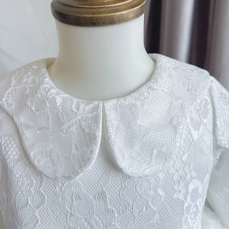 Spring Baby Girls White Soft Lace Long Sleeve Dress Turn Down Collar Fluffy Dresses With Satin Bow Toddler Baptism Wedding Party