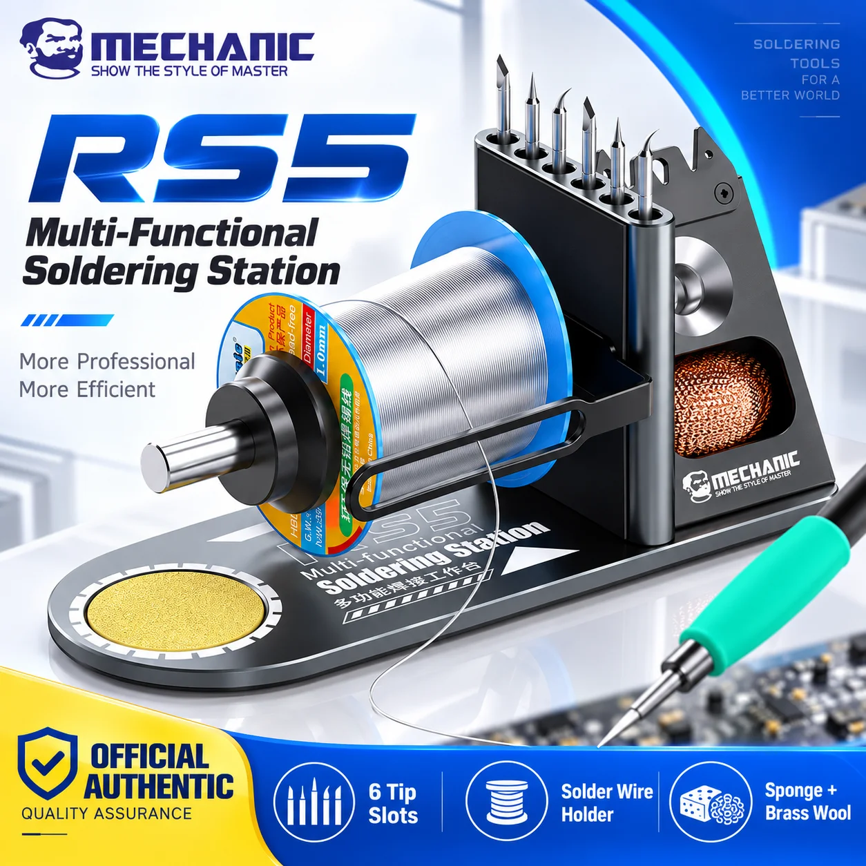 MECHANIC RS5 Multifunktionaler Schweiß-Lötkolbenhalter mit Eisenspitze, Platzierungsloch, Schwammpolster, Zinndraht, Platzierungsregal